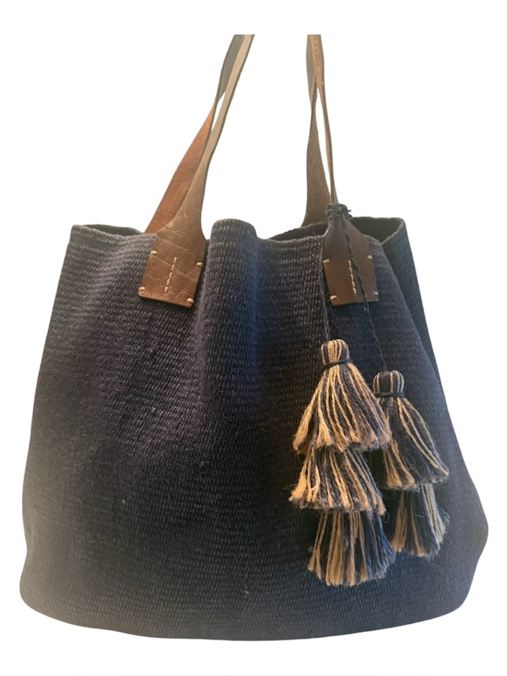 J Jill Jute woven Navy large satchel bag leather handles with tassels boho